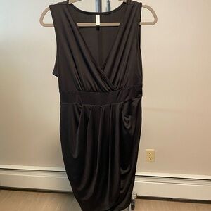 Sleeveless Black Faux-Wrap Midi Dress